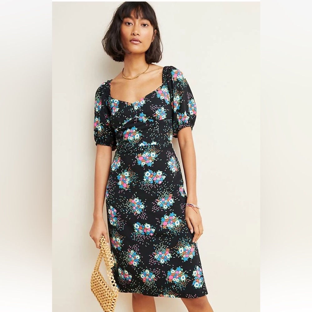 Anthropologie Scarletta Sweetheart Floral Midi Dress in Black Size 14 NWT